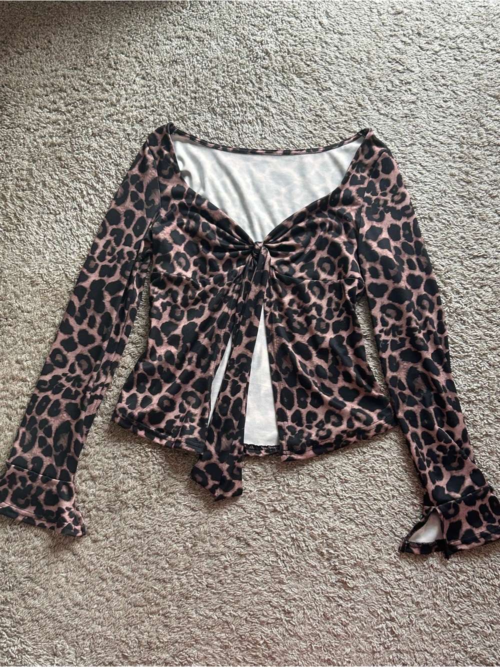leopard print tie-front long sleeve top
